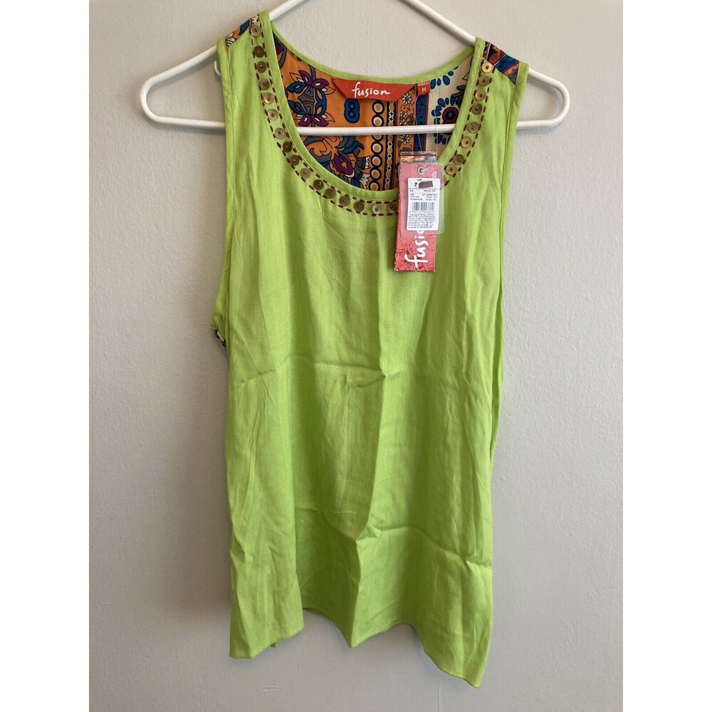 Fusion Women’s Tank Sleeveless Top Green Paisley Floral Size Medium NWT